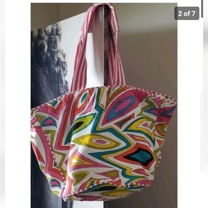 Gretchen Scott Designs Large Canvas Double Strap Pink White Print Beach Tote Bag